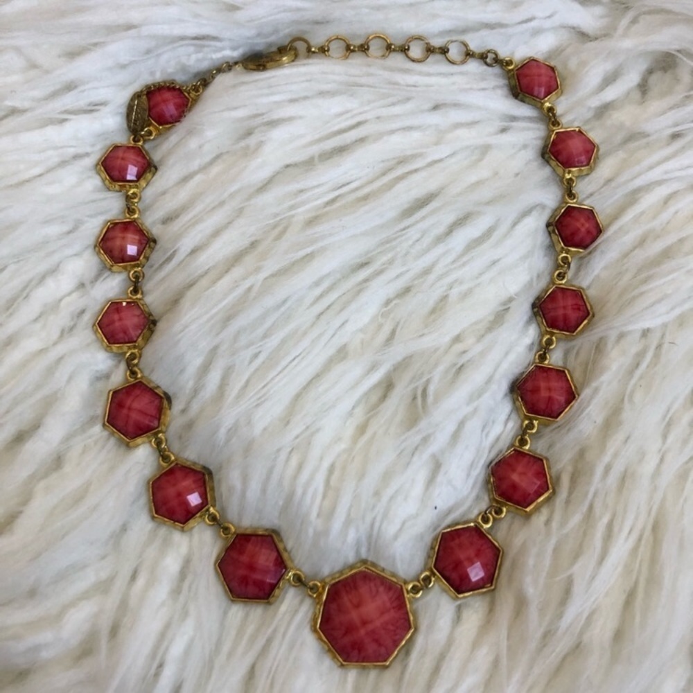 Amrita Singh Red Hexagon Stone Gold Tone Cascading Size Statement Necklace